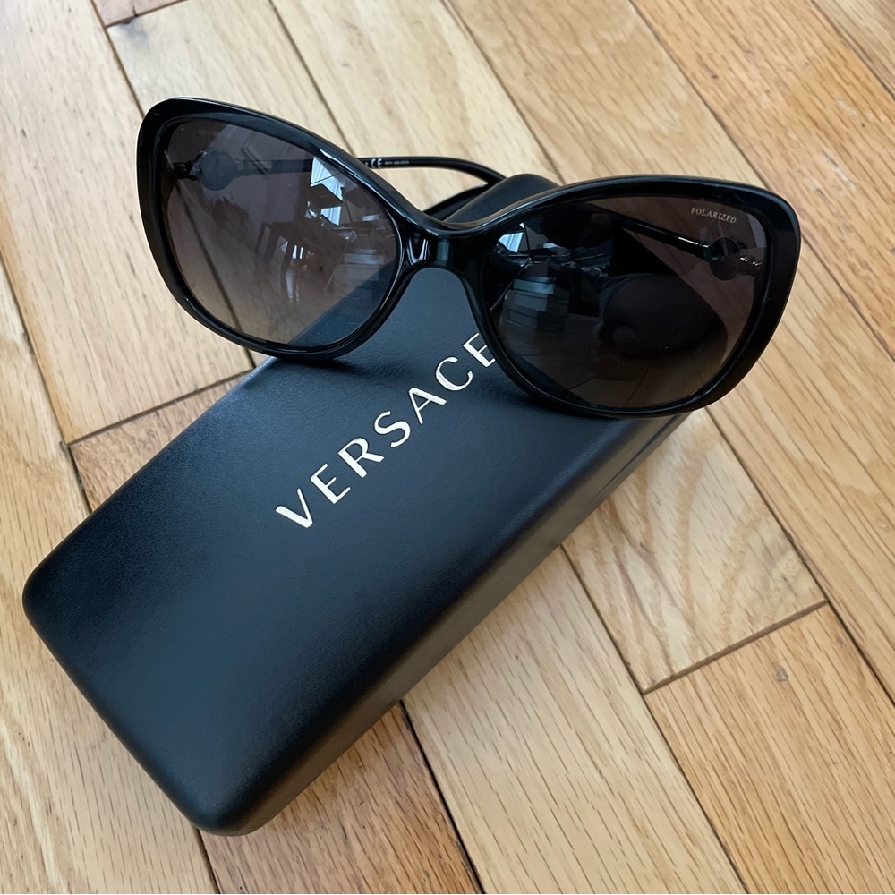 Versace Black Polarized Sunglasses with Gold Logo Accents